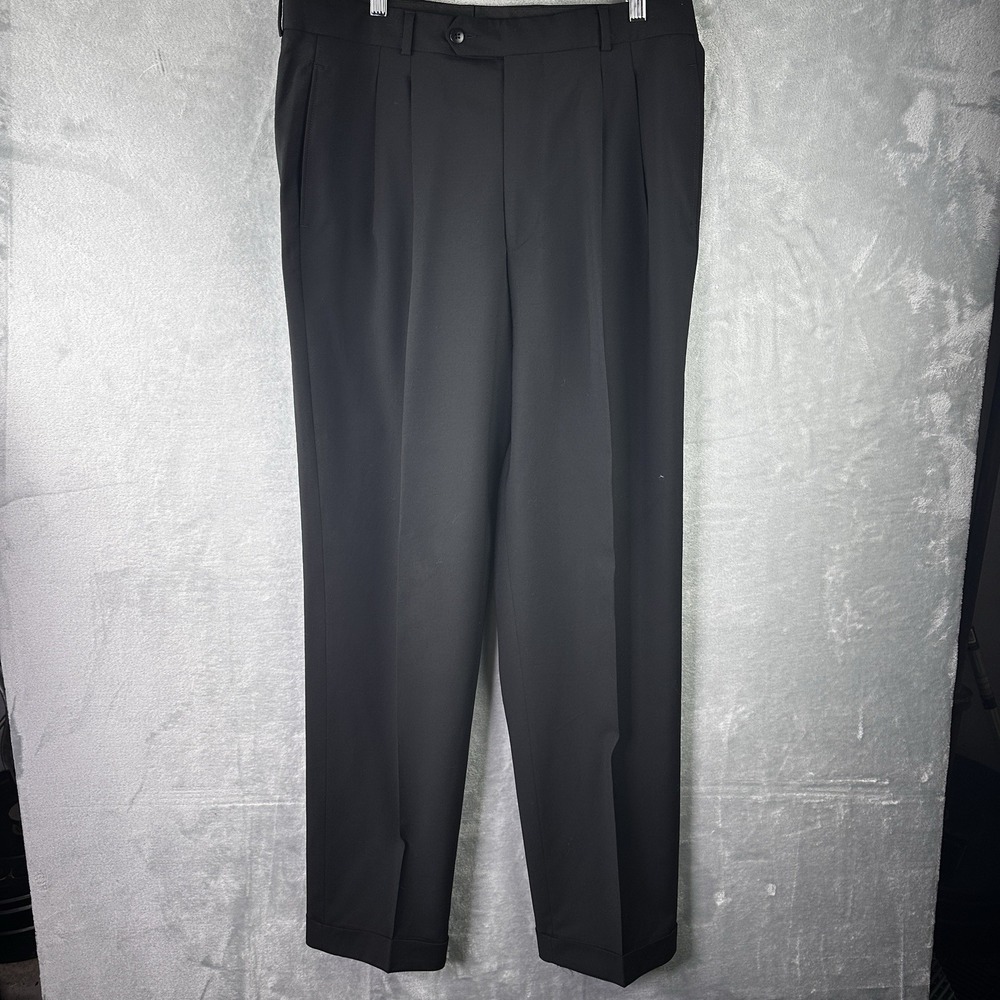 Vintage Hugo Boss Pants Mens 34x33 Black Wool Pleated Cuffed Trousers